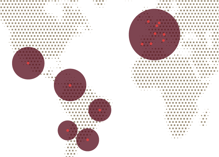 a map of the world with red circles
