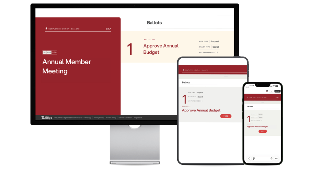 Eligo by Lumi Global voting platform shown on desktop, tablet, and mobile devices for an annual member meeting ballot.